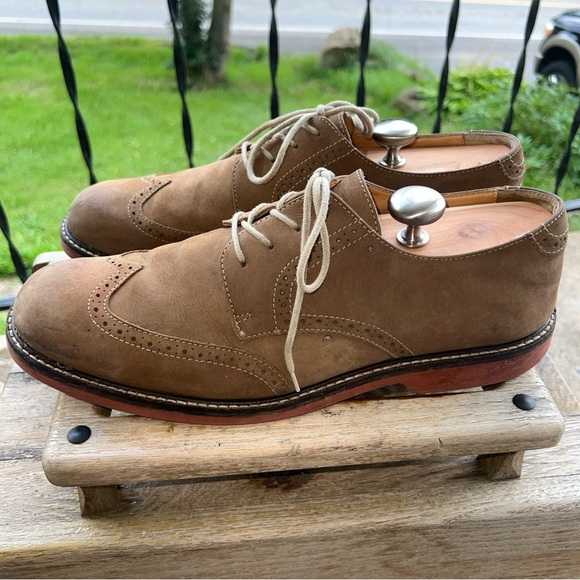 EUC Johnston & Murphy Men's Tan Sheepskin Suede Wingtip Oxford Sz 12M 20-3260 - Picture 5 of 13